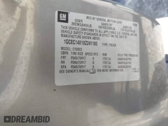 2008 Chevrolet Silverado 1500 Work Truck with VIN 1GCEC14X18Z241180, listed as a IAAI auction lot 41983221 with 103,974 mi miles and . Bid and sale history available at DreamBid. Image 9.