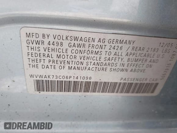✅ 2006 Volkswagen Passat Value Edition • VIN: WVWAK73C06P141096 • Lot: 42297811. Listed on IAAI with 84,399 mi. Free auction sales archive from the USA and detailed vehicle history report at DreamBid. Image 9.