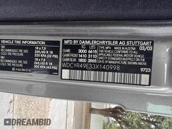 ✅ 2003 Mercedes-Benz G 500 • VIN: WDCYR49E33X140998 • Лот: 88914945. Опубликован ранее на Copart с пробегом 84 737 миль. Бесплатный доступ к архиву аукционных продаж из США и подробный отчёт об истории автомобиля на DreamBid. Изображение 10.