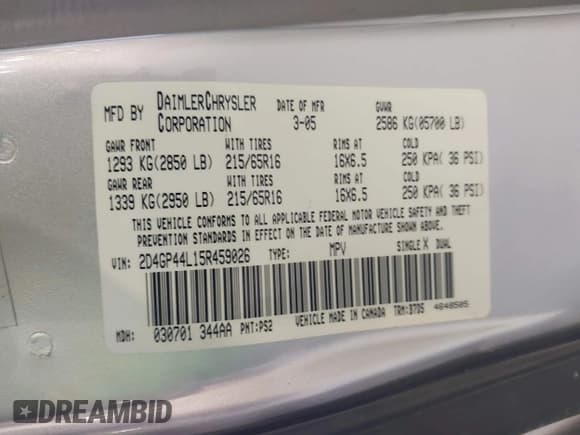 ✅ 2005 Dodge Caravan SXT • VIN: 2D4GP44L15R459026 • Lot: 43711842. Listed on IAAI with 203,644 mi. Free auction sales archive from the USA and detailed vehicle history report at DreamBid. Image 9.