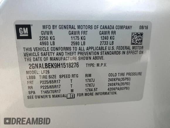 ✅ 2017 Chevrolet Equinox LS • VIN: 2GNALBEK9H1518276 • Lot: 65525925. Listed on Copart with Not provided. Free auction sales archive from the USA and detailed vehicle history report at DreamBid. Image 13.