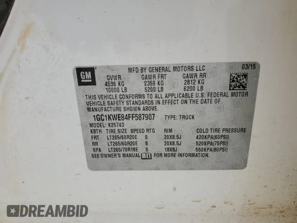 ✅ 2015 Chevrolet Silverado 2500HD LTZ • VIN: 1GC1KWE84FF587907 • Lot: 63983895. Listed on Copart with 264,543 mi. Free auction sales archive from the USA and detailed vehicle history report at DreamBid. Image 12.