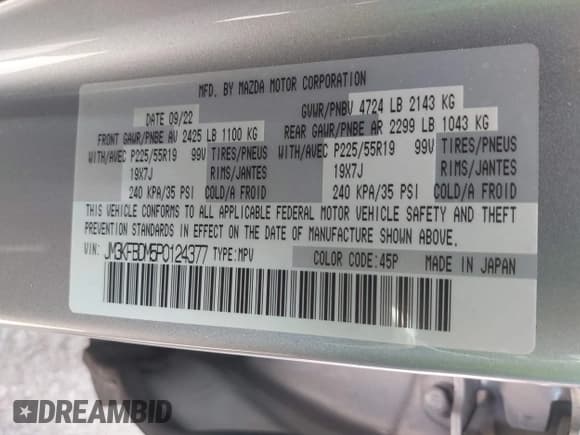 ✅ 2023 Mazda CX-5 S Premium • VIN: JM3KFBDM5P0124377 • Lot: 43347513. Wystawiony na IAAI z przebiegiem 43 428 mil. Bezpłatny archiwum sprzedaży aukcyjnych z USA i szczegółowy raport historii pojazdu na DreamBid. Zdjęcie 9.