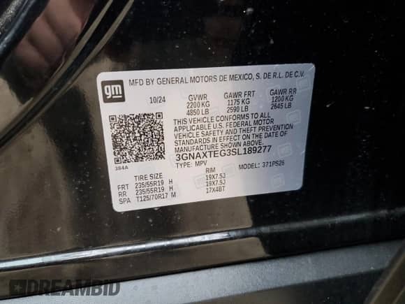 2025 Chevrolet Equinox AWD RS с VIN 3GNAXTEG3SL189277, выставлен на аукционе Copart как лот 54510335 с пробегом 6 368 миль миль и Списание • Salvage title. История ставок и продаж доступна на DreamBid. Изображение 14.