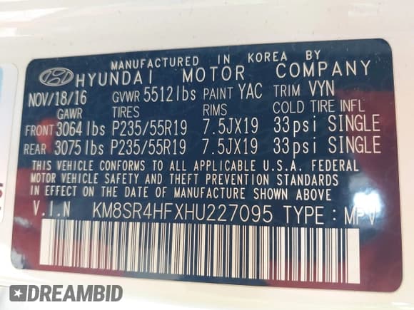 ✅ 2017 Hyundai Santa Fe Limited Ultimate • VIN: KM8SR4HFXHU227095 • Лот: 42288905. Опубликован ранее на IAAI с пробегом 101 401 миль. Бесплатный доступ к архиву аукционных продаж из США и подробный отчёт об истории автомобиля на DreamBid. Изображение 9.