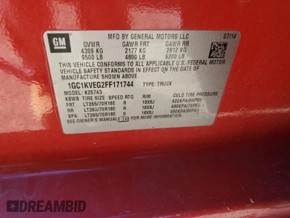 ✅ 2015 Chevrolet Silverado 2500HD LT • VIN: 1GC1KVEG2FF171744 • Lot: 91033255. Listed on Copart with 245,761 mi. Free auction sales archive from the USA and detailed vehicle history report at DreamBid. Image 12.