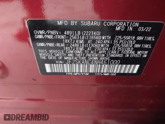 ✅ 2022 Subaru Forester Limited • VIN: JF2SKANC4NH461000 • Lot: 41903656. Listed on IAAI with 40,667 mi. Free auction sales archive from the USA and detailed vehicle history report at DreamBid. Image 9.