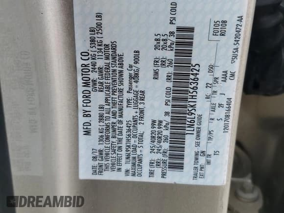 ✅ 2017 Lincoln Continental Select • VIN: 1LN6L9SK1H5636425 • Lot: 58570345. Listed on Copart with 30,673 mi. Free auction sales archive from the USA and detailed vehicle history report at DreamBid. Image 13.