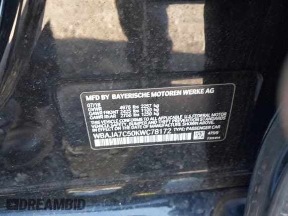 ✅ 2019 BMW 5 Series 530i xDrive • VIN: WBAJA7C50KWC78172 • Lot: 43521921. Listed on IAAI with 54,611 mi. Free auction sales archive from the USA and detailed vehicle history report at DreamBid. Image 9.