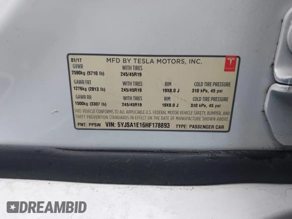 ✅ 2017 Tesla Model S 60 • VIN: 5YJSA1E16HF178893 • Lot: 43320978. Listed on IAAI with 100,290 mi. Free auction sales archive from the USA and detailed vehicle history report at DreamBid. Image 9.