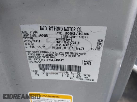 ✅ 2005 Ford F-250 XL • VIN: 1FTSW21P75EB43147 • Lot: 42391745. Listed on IAAI with 169,000 mi. Free auction sales archive from the USA and detailed vehicle history report at DreamBid. Image 9.