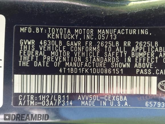 ✅ 2013 Toyota Camry XLE • VIN: 4T1BD1FK1DU086151 • Lot: 43631050. Listed on IAAI with 136,844 mi. Free auction sales archive from the USA and detailed vehicle history report at DreamBid. Image 9.