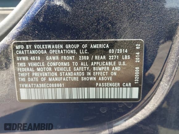 ✅ 2014 Volkswagen Passat S • VIN: 1VWAT7A36EC088861 • Lot: 42326864. Listed on IAAI with 135,028 mi. Free auction sales archive from the USA and detailed vehicle history report at DreamBid. Image 9.