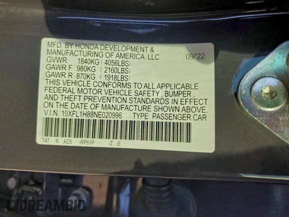 ✅ 2022 Honda Civic Sport Touring • VIN: 19XFL1H88NE020996 • Lot: 91453525. Listed on Copart with 27,797 mi. Free auction sales archive from the USA and detailed vehicle history report at DreamBid. Image 12.