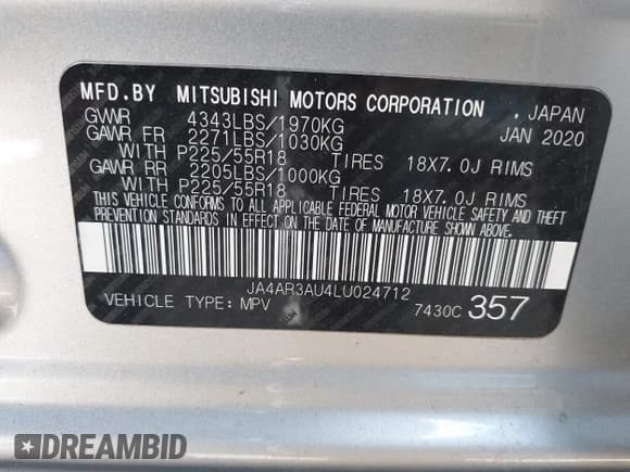 ✅ 2020 Mitsubishi Outlander ES • VIN: JA4AR3AU4LU024712 • Lot: 43433519. Listed on IAAI with 63,260 mi. Free auction sales archive from the USA and detailed vehicle history report at DreamBid. Image 9.