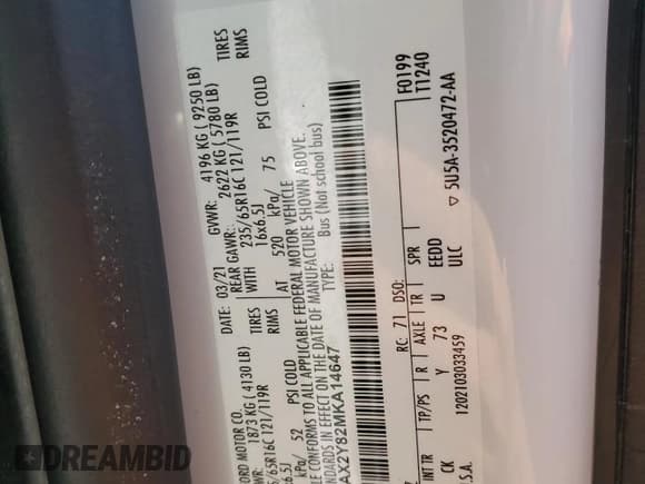 ✅ 2021 Ford Transit Passenger XL • VIN: 1FBAX2Y82MKA14647 • Лот: 68595095. Опубликован ранее на Copart с пробегом 74 639 миль. Бесплатный доступ к архиву аукционных продаж из США и подробный отчёт об истории автомобиля на DreamBid. Изображение 13.