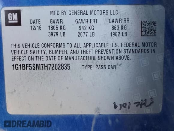 ✅ 2017 Chevrolet Cruze Premier • VIN: 1G1BF5SM7H7202835 • Lot: 86529785. Listed on Copart with 86,689 mi. Free auction sales archive from the USA and detailed vehicle history report at DreamBid. Image 12.