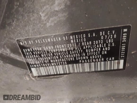 ✅ 2020 Volkswagen Jetta S • VIN: 3VWN57BU8LM072725 • Лот: 43878920. Опубликован ранее на IAAI с пробегом 58 768 миль. Бесплатный доступ к архиву аукционных продаж из США и подробный отчёт об истории автомобиля на DreamBid. Изображение 9.