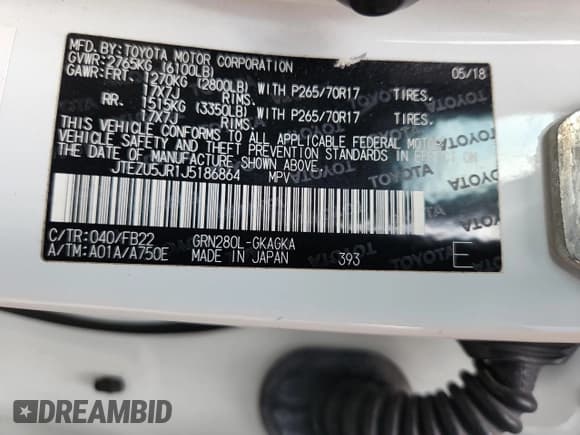 ✅ 2018 Toyota 4Runner SR5 • VIN: JTEZU5JR1J5186864 • Лот: 70490855. Опубликован ранее на Copart с пробегом 95 986 миль. Бесплатный доступ к архиву аукционных продаж из США и подробный отчёт об истории автомобиля на DreamBid. Изображение 13.