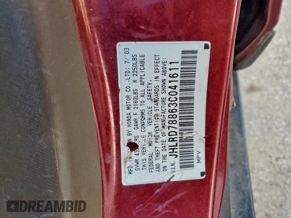 ✅ 2003 Honda CR-V EX • VIN: JHLRD78863C041611 • Лот: 96173495. Опубликован ранее на Copart с пробегом 159 205 миль. Бесплатный доступ к архиву аукционных продаж из США и подробный отчёт об истории автомобиля на DreamBid. Изображение 12.