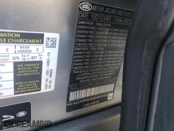 ✅ 2022 Land Rover Range Rover Westminster • VIN: SALGS2RU3NA465862 • Lot: 71523985. Wystawiony na Copart z przebiegiem 21 624 mil. Bezpłatny archiwum sprzedaży aukcyjnych z USA i szczegółowy raport historii pojazdu na DreamBid. Zdjęcie 13.