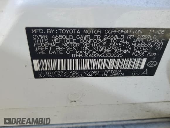 ✅ 2009 Lexus ES 330 • VIN: JTHBJ46G292300625 • Lot: 91442415. Listed on Copart with 125,016 mi. Free auction sales archive from the USA and detailed vehicle history report at DreamBid. Image 12.