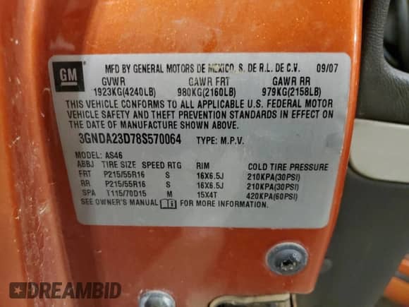 2008 Chevrolet HHR LT z VIN 3GNDA23D78S570064, wystawiony jako Copart lot #81708134 z przebiegiem 162 181 mil mil oraz Szkoda całkowita • Salvage title. Historia ofert i sprzedaży dostępna na DreamBid. Obrazek 13.