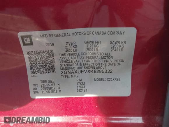 ✅ 2019 Chevrolet Equinox LT • VIN: 2GNAXUEVXK6295332 • Lot: 43244170. Listed on IAAI with 106,393 mi. Free auction sales archive from the USA and detailed vehicle history report at DreamBid. Image 9.