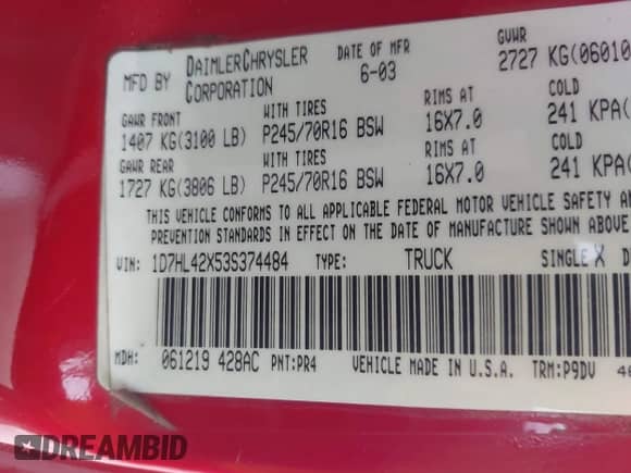 2003 Dodge Dakota SLT with VIN 1D7HL42X53S374484, listed as a IAAI auction lot 42887245 with 169,254 mi miles and . Bid and sale history available at DreamBid. Image 9.