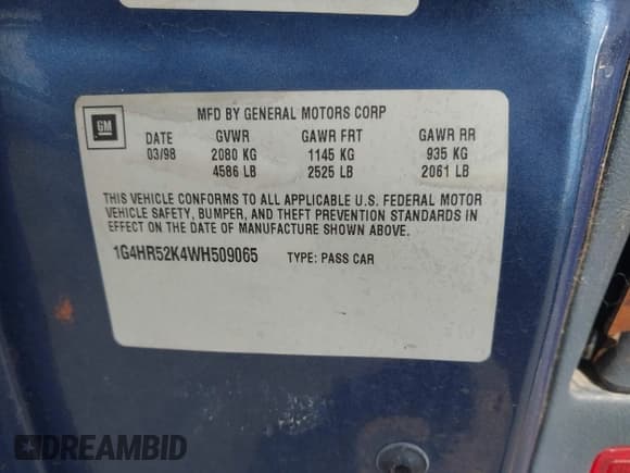 ✅ 1998 Buick LeSabre Limited • VIN: 1G4HR52K4WH509065 • Lot: 42849270. Listed on IAAI with 118,843 mi. Free auction sales archive from the USA and detailed vehicle history report at DreamBid. Image 9.