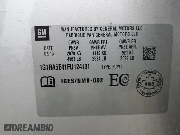 ✅ 2015 Chevrolet Volt • VIN: 1G1RA6E41FU124131 • Lot: 86609425. Listed on Copart with 232,081 mi. Free auction sales archive from the USA and detailed vehicle history report at DreamBid. Image 13.