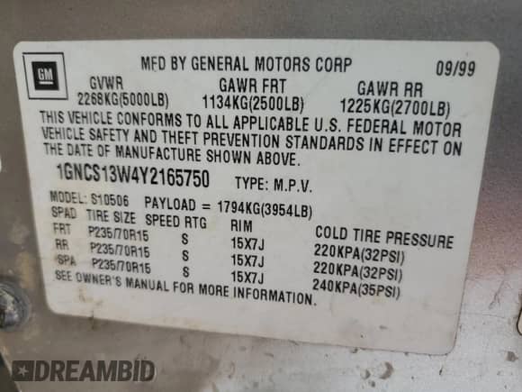 2000 Chevrolet Blazer LT z VIN 1GNCS13W4Y2165750, wystawiony jako Copart lot #78346644 z przebiegiem Nie podano mil oraz Szkoda całkowita • Salvage title. Historia ofert i sprzedaży dostępna na DreamBid. Obrazek 15.