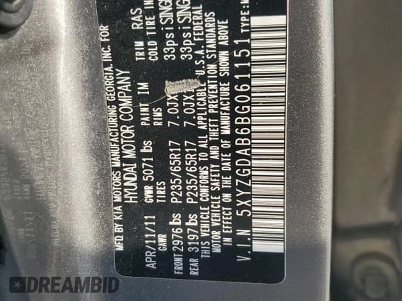 ✅ 2011 Hyundai Santa Fe GLS • VIN: 5XYZGDAB6BG061151 • Lot: 77972384. Listed on Copart with 99,885 mi. Free auction sales archive from the USA and detailed vehicle history report at DreamBid. Image 13.