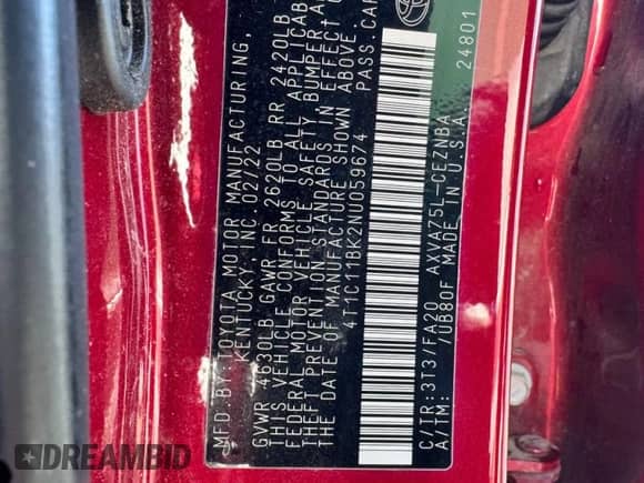 2022 Toyota Camry LE с VIN 4T1C11BK2NU059674, выставлен на аукционе Copart как лот 86409205 с пробегом 86 145 миль миль и Списание • Salvage title. История ставок и продаж доступна на DreamBid. Изображение 10.