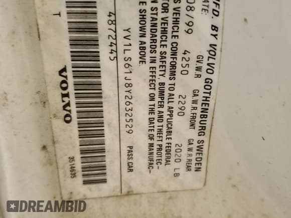 ✅ 2000 Volvo S70 • VIN: YV1LS61J8Y2632529 • Lot: 88943915. Wystawiony na Copart z przebiegiem 210 495 mil. Bezpłatny archiwum sprzedaży aukcyjnych z USA i szczegółowy raport historii pojazdu na DreamBid. Zdjęcie 12.