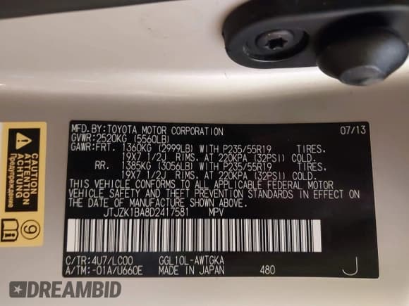 ✅ 2013 Lexus RX 350 • VIN: JTJZK1BA8D2417581 • Lot: 41392931. Wystawiony na IAAI z przebiegiem 85 875 mil. Bezpłatny archiwum sprzedaży aukcyjnych z USA i szczegółowy raport historii pojazdu na DreamBid. Zdjęcie 9.