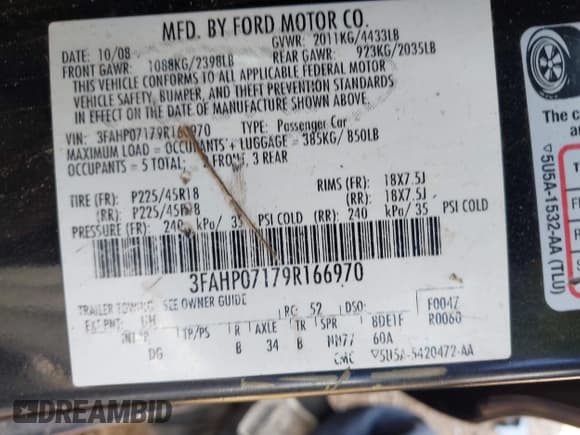 ✅ 2009 Ford Fusion SE • VIN: 3FAHP07179R166970 • Lot: 42404523. Wystawiony na IAAI z przebiegiem 193 792 mil. Bezpłatny archiwum sprzedaży aukcyjnych z USA i szczegółowy raport historii pojazdu na DreamBid. Zdjęcie 9.