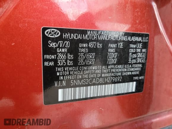 ✅ 2020 Hyundai Santa Fe SE • VIN: 5NMS2CAD8LH279692 • Lot: 85896045. Wystawiony na Copart z przebiegiem 84 803 mil. Bezpłatny archiwum sprzedaży aukcyjnych z USA i szczegółowy raport historii pojazdu na DreamBid. Zdjęcie 12.