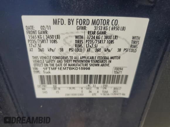 ✅ 2011 Ford F-150 XL • VIN: 1FTMF1EM7BKD15998 • Lot: 62637775. Listed on Copart with 84,315 mi. Free auction sales archive from the USA and detailed vehicle history report at DreamBid. Image 12.