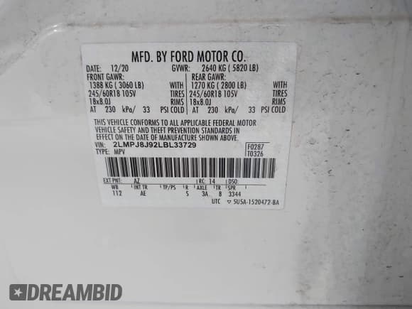 ✅ 2020 Lincoln Nautilus Standard • VIN: 2LMPJ8J92LBL33729 • Lot: 42907842. Listed on IAAI with 85,880 mi. Free auction sales archive from the USA and detailed vehicle history report at DreamBid. Image 9.