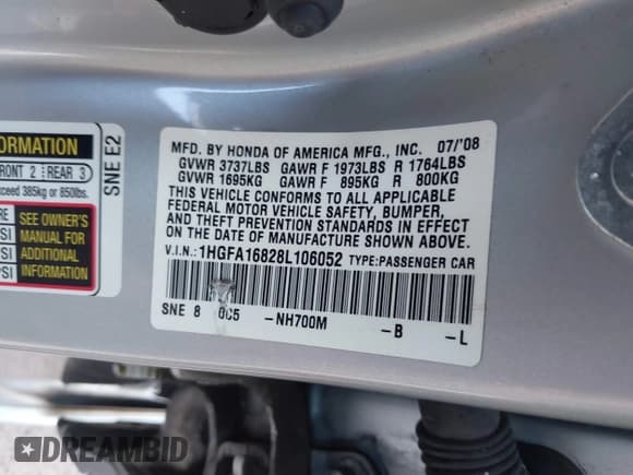 ✅ 2008 Honda Civic EX • VIN: 1HGFA16828L106052 • Лот: 43336071. Опубликован ранее на IAAI с пробегом 63 919 миль. Бесплатный доступ к архиву аукционных продаж из США и подробный отчёт об истории автомобиля на DreamBid. Изображение 9.