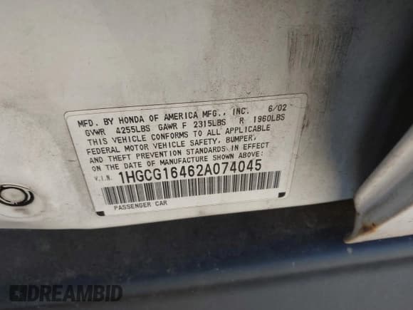 ✅ 2002 Honda Accord LX • VIN: 1HGCG16462A074045 • Lot: 43644442. Listed on IAAI with 145,966 mi. Free auction sales archive from the USA and detailed vehicle history report at DreamBid. Image 9.