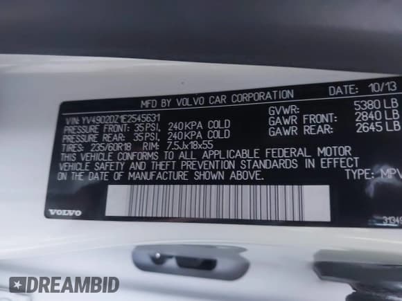 ✅ 2014 Volvo XC60 R-Design Premier Plus • VIN: YV4902DZ1E2545631 • Lot: 43698863. Listed on IAAI with 196,601 mi. Free auction sales archive from the USA and detailed vehicle history report at DreamBid. Image 9.