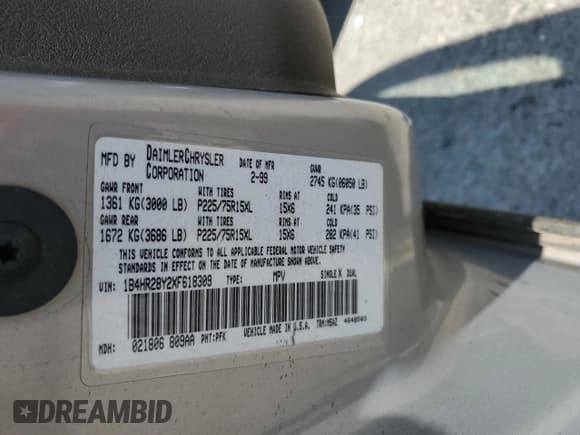 ✅ 1999 Dodge Durango • VIN: 1B4HR28Y2XF618309 • Lot: 60302875. Wystawiony na Copart z przebiegiem 175 030 mil. Bezpłatny archiwum sprzedaży aukcyjnych z USA i szczegółowy raport historii pojazdu na DreamBid. Zdjęcie 13.