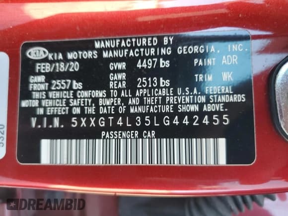 ✅ 2020 Kia Optima S • VIN: 5XXGT4L35LG442455 • Lot: 91240165. Listed on Copart with 100,774 mi. Free auction sales archive from the USA and detailed vehicle history report at DreamBid. Image 13.