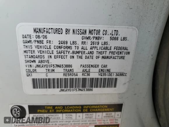 ✅ 2007 Infiniti M x • VIN: JNKAY01F57M453886 • Lot: 68883275. Listed on Copart with 115,501 mi. Free auction sales archive from the USA and detailed vehicle history report at DreamBid. Image 12.