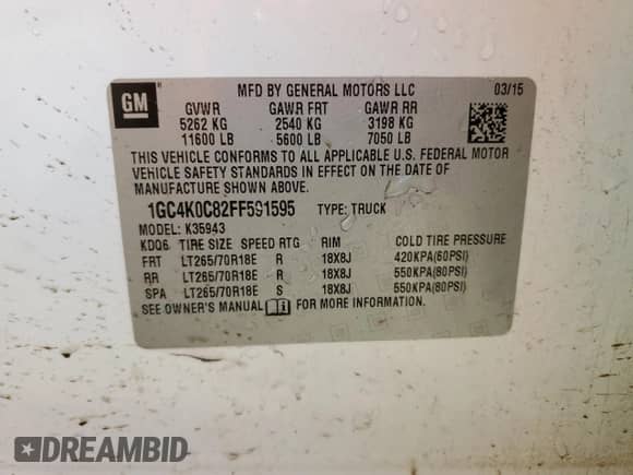 2015 Chevrolet Silverado 3500HD LTZ with VIN 1GC4K0C82FF591595, listed as a Copart auction lot 81382854 with 188,170 mi miles and Clean title. Bid and sale history available at DreamBid. Image 12.