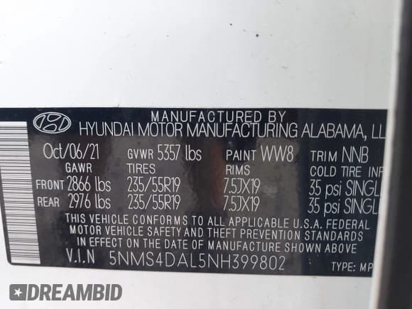 ✅ 2022 Hyundai Santa Fe Limited • VIN: 5NMS4DAL5NH399802 • Lot: 42845711. Wystawiony na IAAI z przebiegiem 57 391 mil. Bezpłatny archiwum sprzedaży aukcyjnych z USA i szczegółowy raport historii pojazdu na DreamBid. Zdjęcie 9.