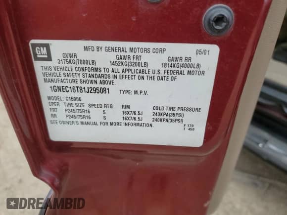 ✅ 2001 Chevrolet Suburban • VIN: 1GNEC16T81J295081 • Лот: 87960035. Опубликован ранее на Copart с пробегом 214 846 миль. Бесплатный доступ к архиву аукционных продаж из США и подробный отчёт об истории автомобиля на DreamBid. Изображение 15.