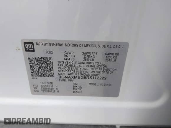 2024 Chevrolet Equinox RS with VIN 3GNAXMEG5RS112223, listed as a IAAI auction lot 43103626 with 26,235 mi miles and . Bid and sale history available at DreamBid. Image 9.